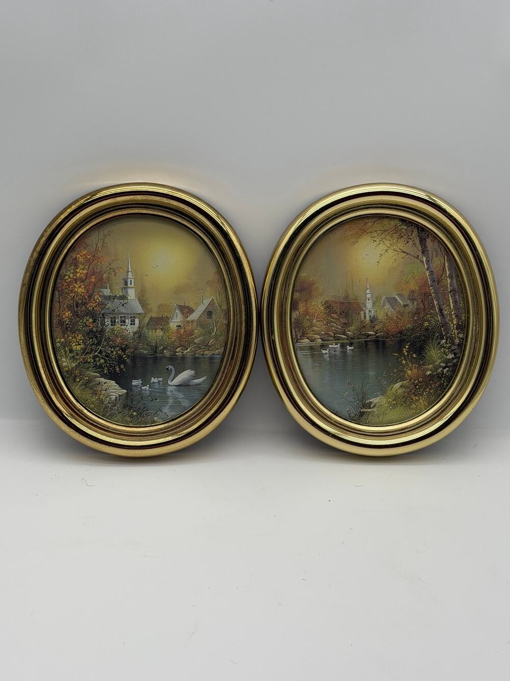 Pair Vintage Oval Brass Framed Prints-Country Village Church/Swans - Decor 8"x7"